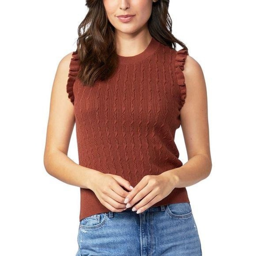$159 L PAIGE Womens Pecan Brown lightweight silk blend Knit Ruffle Trim Tank Top